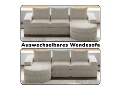 Sofá Esquinero Modular 3 Plazas, con Chaise Longue Curva Reversible, 3 Cojines y Almohadas Cervicales, Tejido Chenilla, Beige