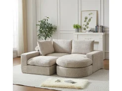 Sofá Esquinero Modular 3 Plazas, con Chaise Longue Curva Reversible, 3 Cojines y Almohadas Cervicales, Tejido Chenilla, Beige