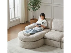 Sofá Esquinero Modular 3 Plazas, con Chaise Longue Curva Reversible, 3 Cojines y Almohadas Cervicales, Tejido Chenilla, Beige