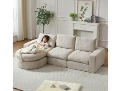 Sofá Esquinero Modular 3 Plazas, con Chaise Longue Curva Reversible, 3 Cojines y Almohadas Cervicales, Tejido Chenilla, Beige