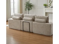 Sofá Esquinero Modular 3 Plazas, con Chaise Longue Curva Reversible, 3 Cojines y Almohadas Cervicales, Tejido Chenilla, Beige