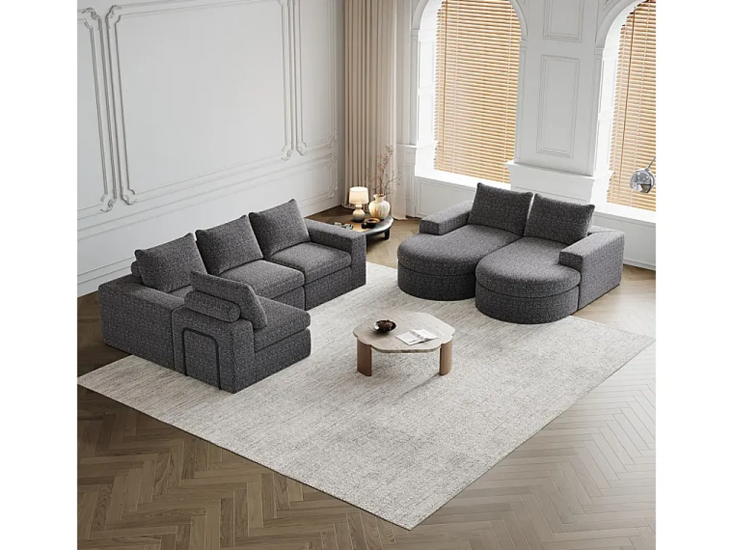 Sofá Esquinero Modular Reversible 6 Plazas, con 6 Cojines y Almohadas Cervicales, Tejido Chenilla, Salón DIY, Gris