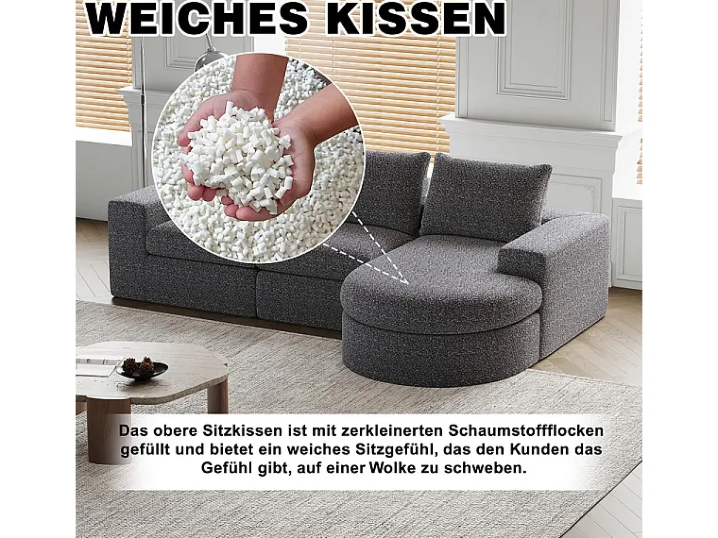 Sofá Esquinero Modular Reversible 6 Plazas, con 6 Cojines y Almohadas Cervicales, Tejido Chenilla, Salón DIY, Gris