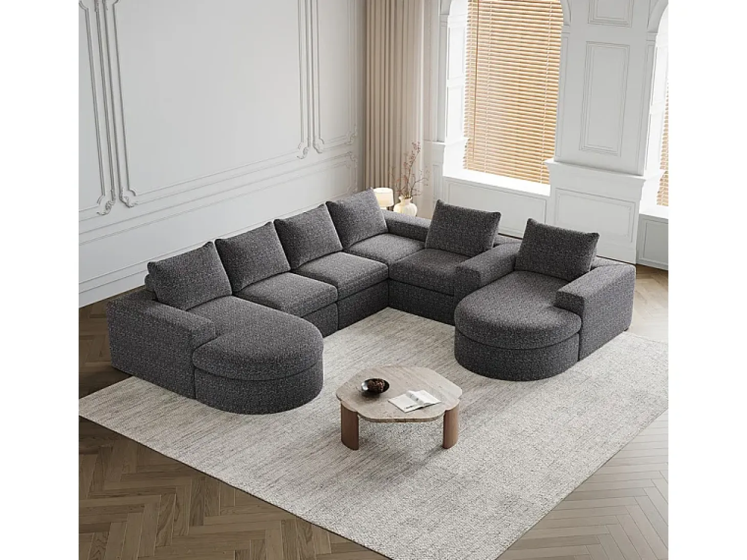 Sofá Esquinero Modular Reversible 6 Plazas, con 6 Cojines y Almohadas Cervicales, Tejido Chenilla, Salón DIY, Gris