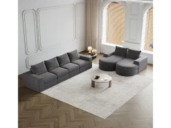 Sofá Esquinero Modular Reversible 6 Plazas, con 6 Cojines y Almohadas Cervicales, Tejido Chenilla, Salón DIY, Gris