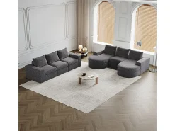 Sofá Esquinero Modular Reversible 6 Plazas, con 6 Cojines y Almohadas Cervicales, Tejido Chenilla, Salón DIY, Gris