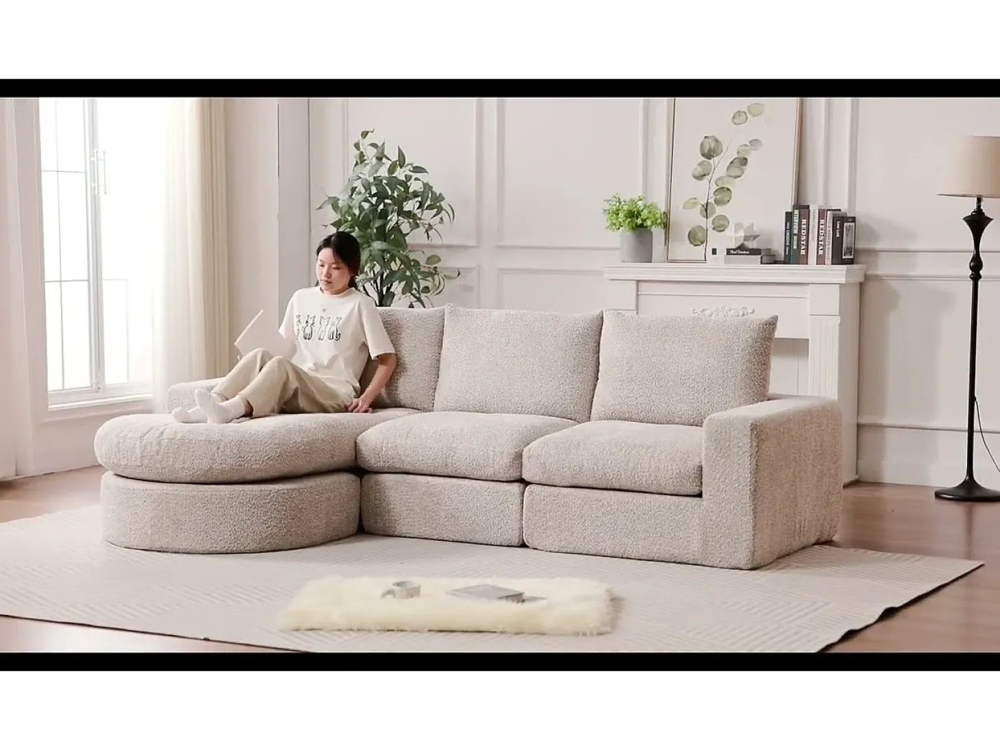 Sofá Esquinero Modular Reversible 6 Plazas, con 6 Cojines y Almohadas Cervicales, Tejido Chenilla, Salón DIY, Beige