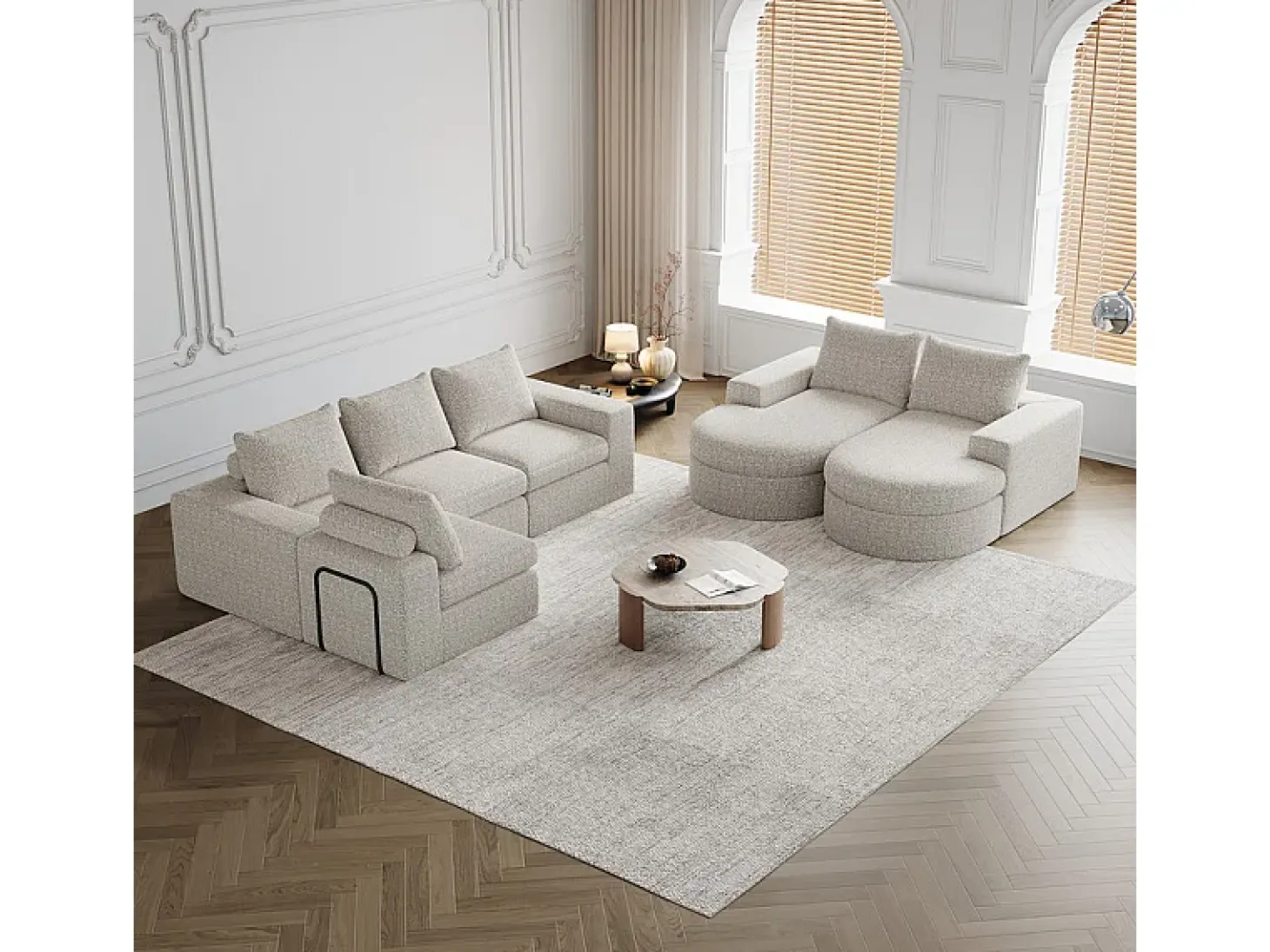 Sofá Esquinero Modular Reversible 6 Plazas, con 6 Cojines y Almohadas Cervicales, Tejido Chenilla, Salón DIY, Beige