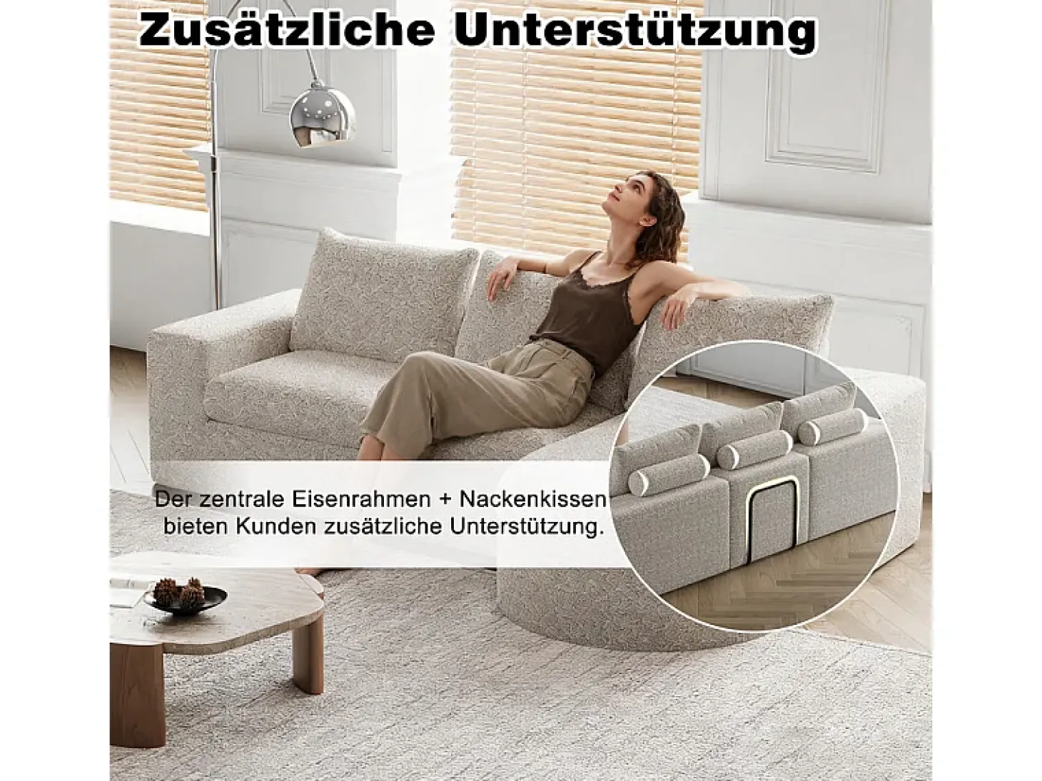 Sofá Esquinero Modular Reversible 6 Plazas, con 6 Cojines y Almohadas Cervicales, Tejido Chenilla, Salón DIY, Beige