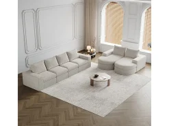 Sofá Esquinero Modular Reversible 6 Plazas, con 6 Cojines y Almohadas Cervicales, Tejido Chenilla, Salón DIY, Beige