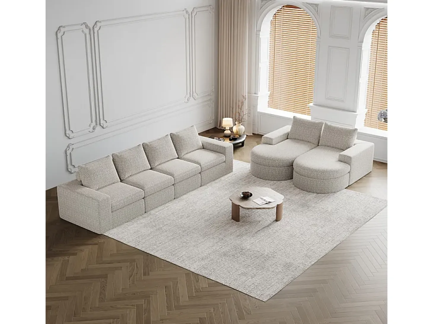 Sofá Esquinero Modular Reversible 6 Plazas, con 6 Cojines y Almohadas Cervicales, Tejido Chenilla, Salón DIY, Beige