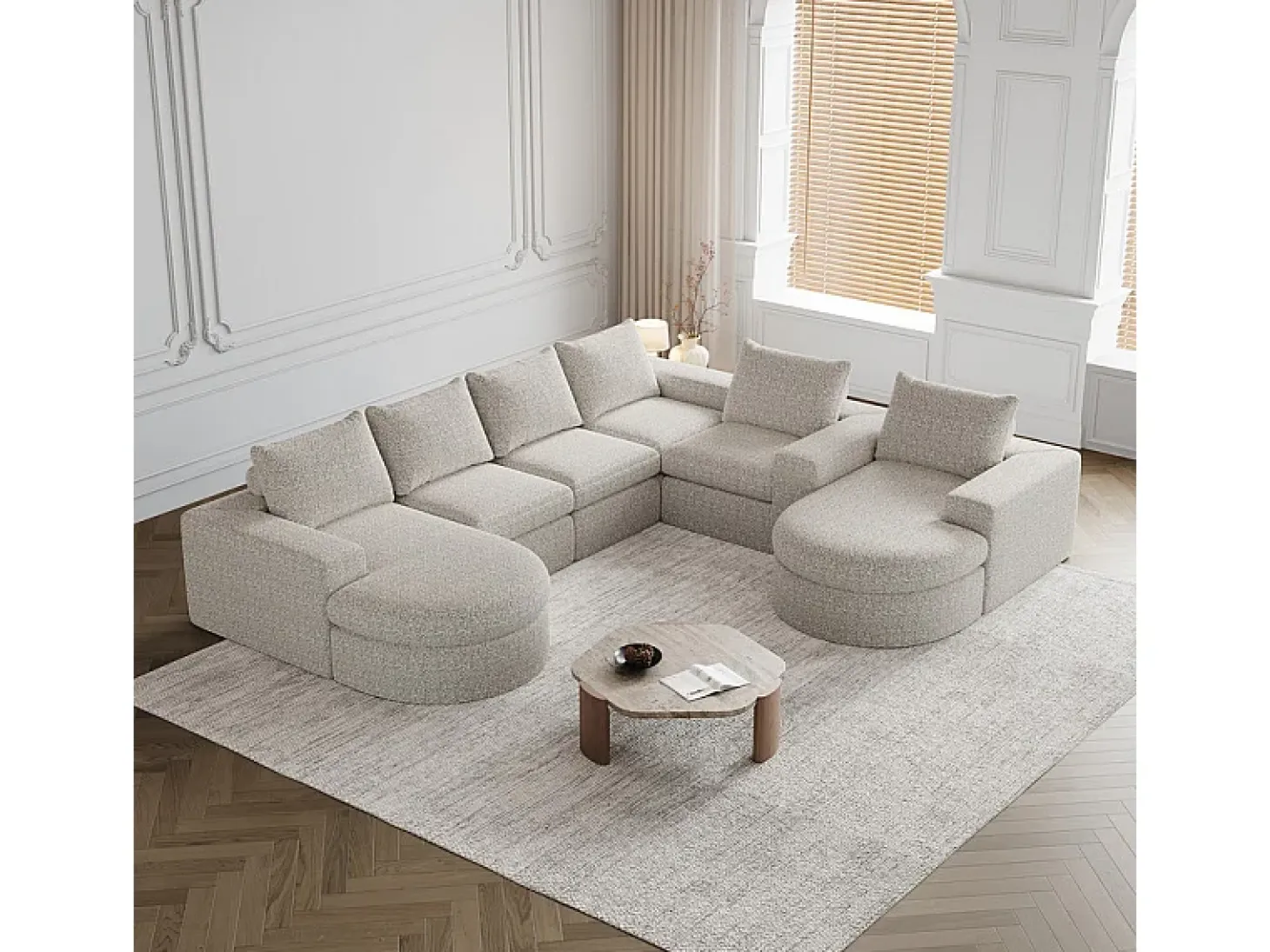 Sofá Esquinero Modular Reversible 6 Plazas, con 6 Cojines y Almohadas Cervicales, Tejido Chenilla, Salón DIY, Beige