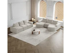 Sofá Esquinero Modular Reversible 6 Plazas, con 6 Cojines y Almohadas Cervicales, Tejido Chenilla, Salón DIY, Beige