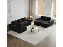 Sofá Esquinero Modular Reversible 6 Plazas, con 6 Cojines y Almohadas Cervicales, Tejido Chenilla, Salón DIY, Negro