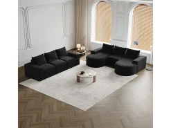 Sofá Esquinero Modular Reversible 6 Plazas, con 6 Cojines y Almohadas Cervicales, Tejido Chenilla, Salón DIY, Negro