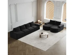 Sofá Esquinero Modular Reversible 6 Plazas, con 6 Cojines y Almohadas Cervicales, Tejido Chenilla, Salón DIY, Negro