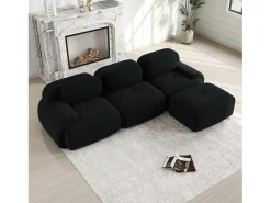 Sofá esquinero negro - Sofá de 3 plazas con reposabrazos curvos y cojines decorativos - pana
