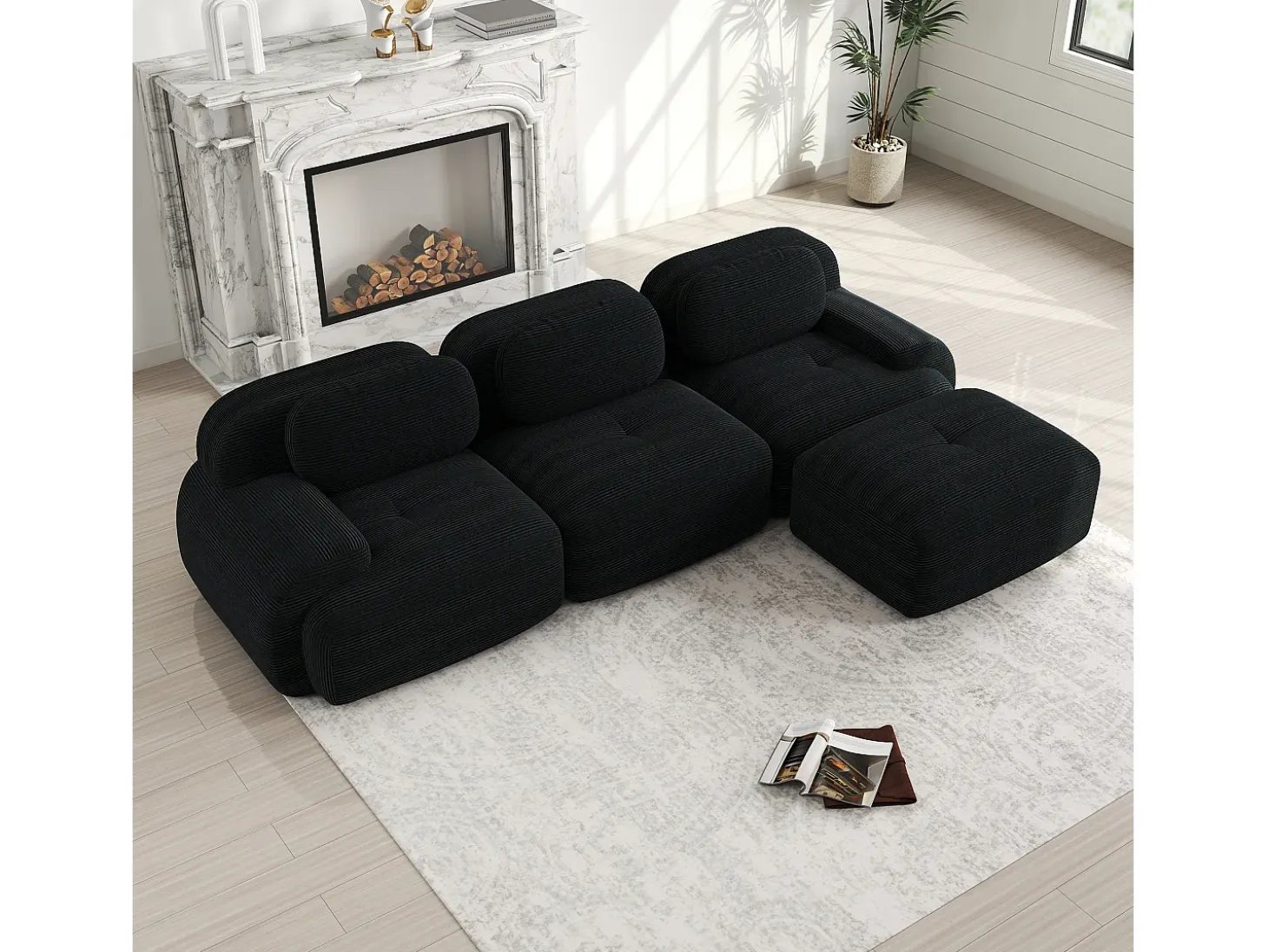 Sofá esquinero negro - Sofá de 3 plazas con reposabrazos curvos y cojines decorativos - pana
