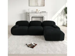 Sofá esquinero negro - Sofá de 3 plazas con reposabrazos curvos y cojines decorativos - pana
