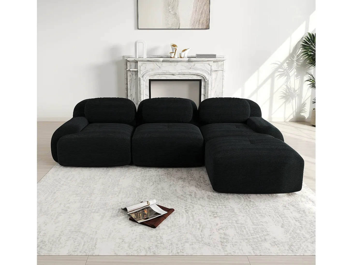 Sofá esquinero negro - Sofá de 3 plazas con reposabrazos curvos y cojines decorativos - pana