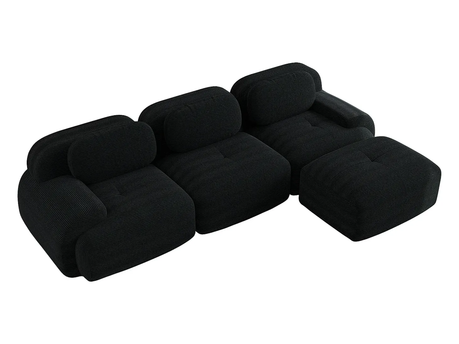 Sofá esquinero negro - Sofá de 3 plazas con reposabrazos curvos y cojines decorativos - pana