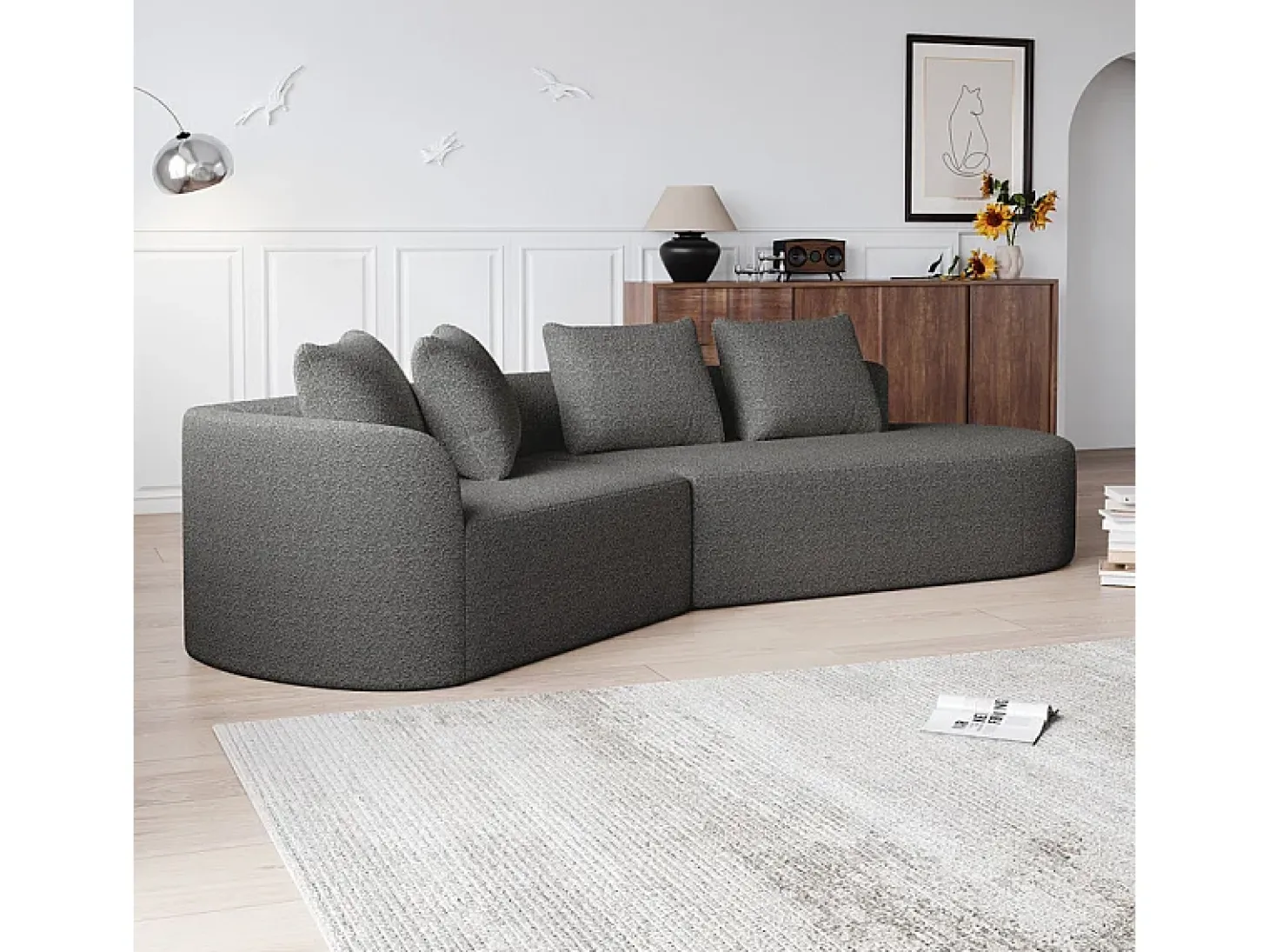 Sofá Esquinero Recto Moderno Súper Grande 4 Plazas, con 4 Cojines, Chaise Longue Curva, Tejido Chenilla, Gris Antracita