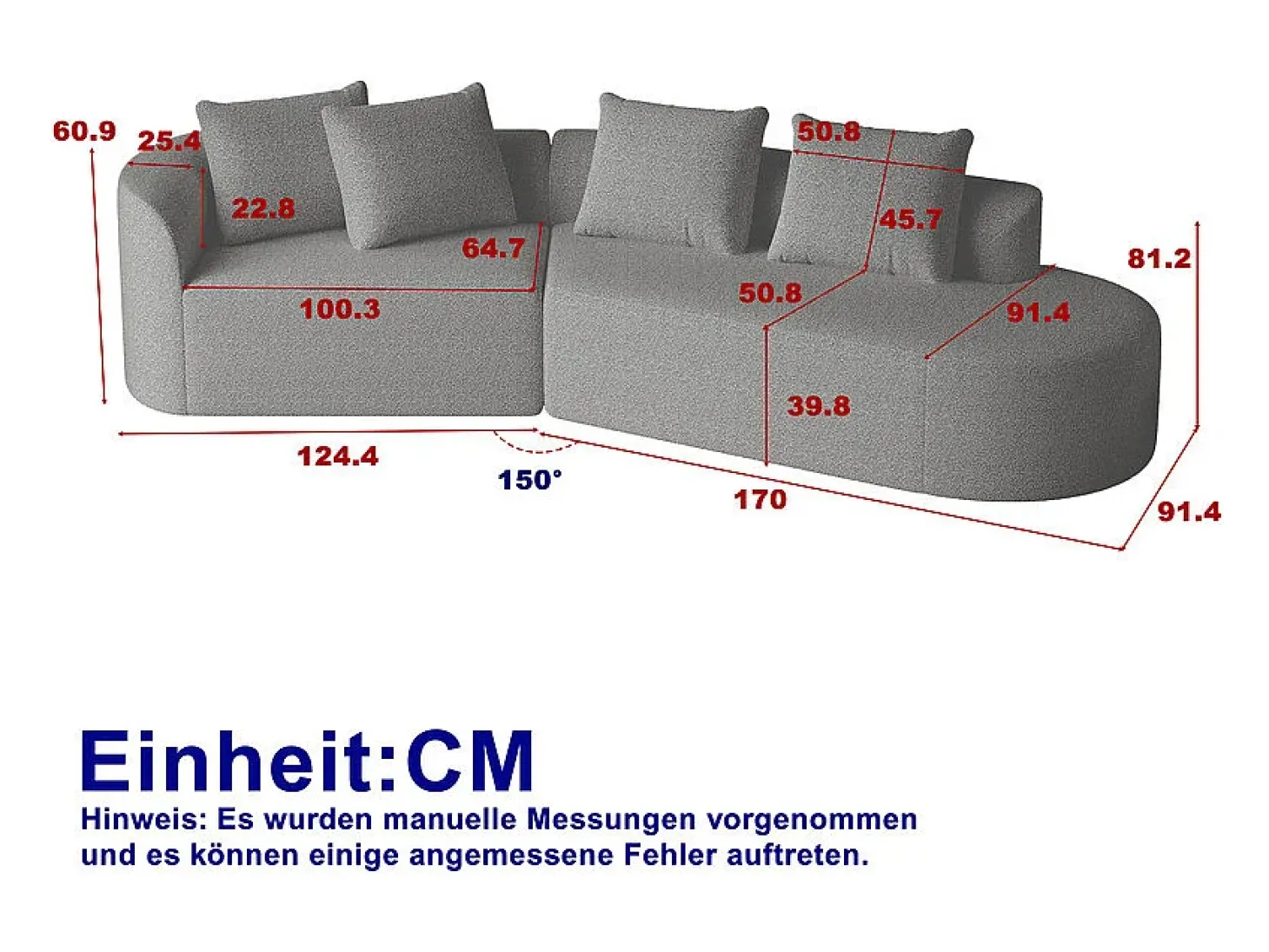 Sofá Esquinero Recto Moderno Súper Grande 4 Plazas, con 4 Cojines, Chaise Longue Curva, Tejido Chenilla, Gris Antracita