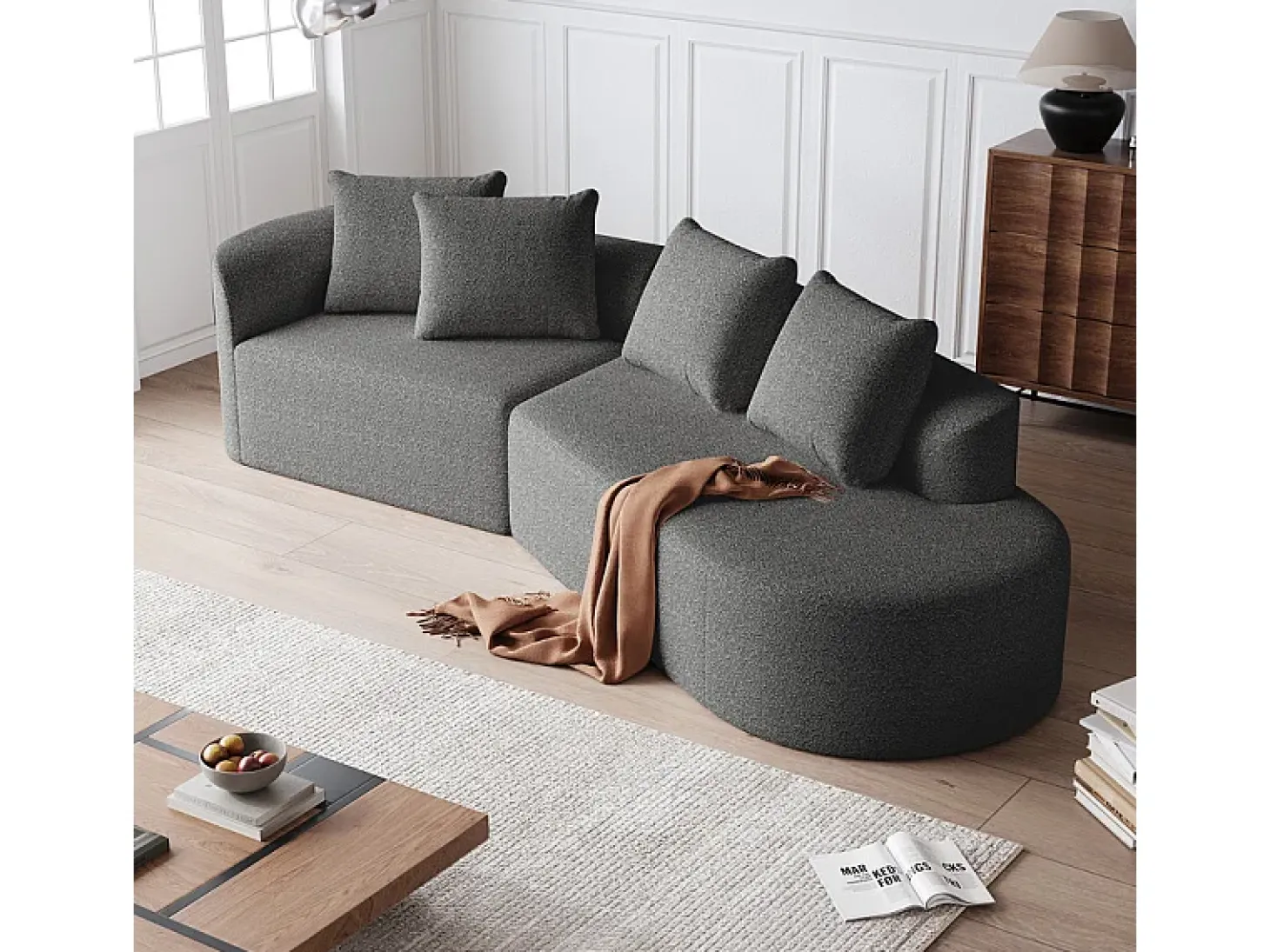 Sofá Esquinero Recto Moderno Súper Grande 4 Plazas, con 4 Cojines, Chaise Longue Curva, Tejido Chenilla, Gris Antracita