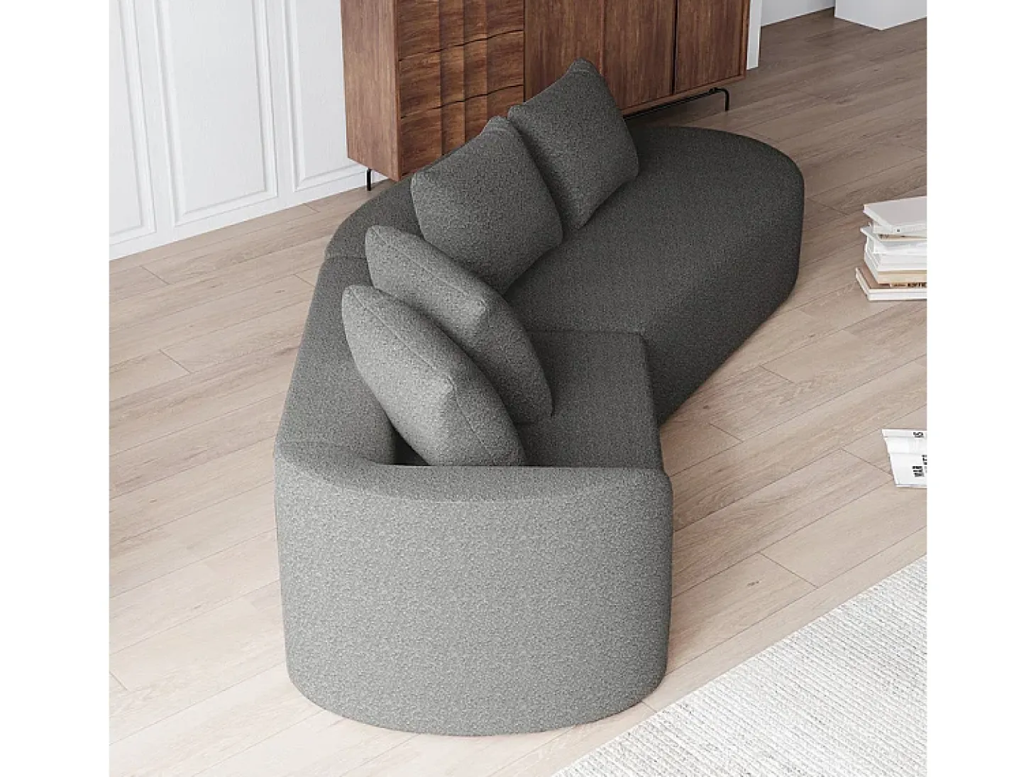 Sofá Esquinero Recto Moderno Súper Grande 4 Plazas, con 4 Cojines, Chaise Longue Curva, Tejido Chenilla, Gris Antracita