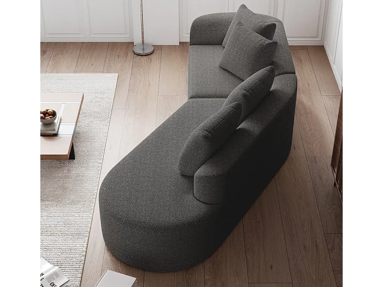 Sofá Esquinero Recto Moderno Súper Grande 4 Plazas, con 4 Cojines, Chaise Longue Curva, Tejido Chenilla, Gris Antracita