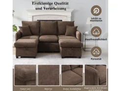 Sofá esquinero tapizado - 188 x 82 x 86 cm - 3 plazas - 2 reposapiés con almacenaje + 2 cajones - terciopelo - marrón