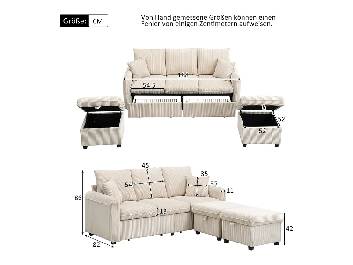 Sofá esquinero tapizado - 188 x 82 x 86 cm - 3 plazas - 2 reposapiés con almacenaje + 2 cajones - terciopelo - gris