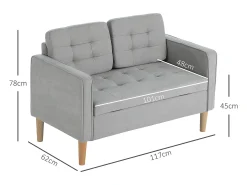Sofá gris de 2 plazas - Sofá con almacenaje y cojines - para salón y dormitorio