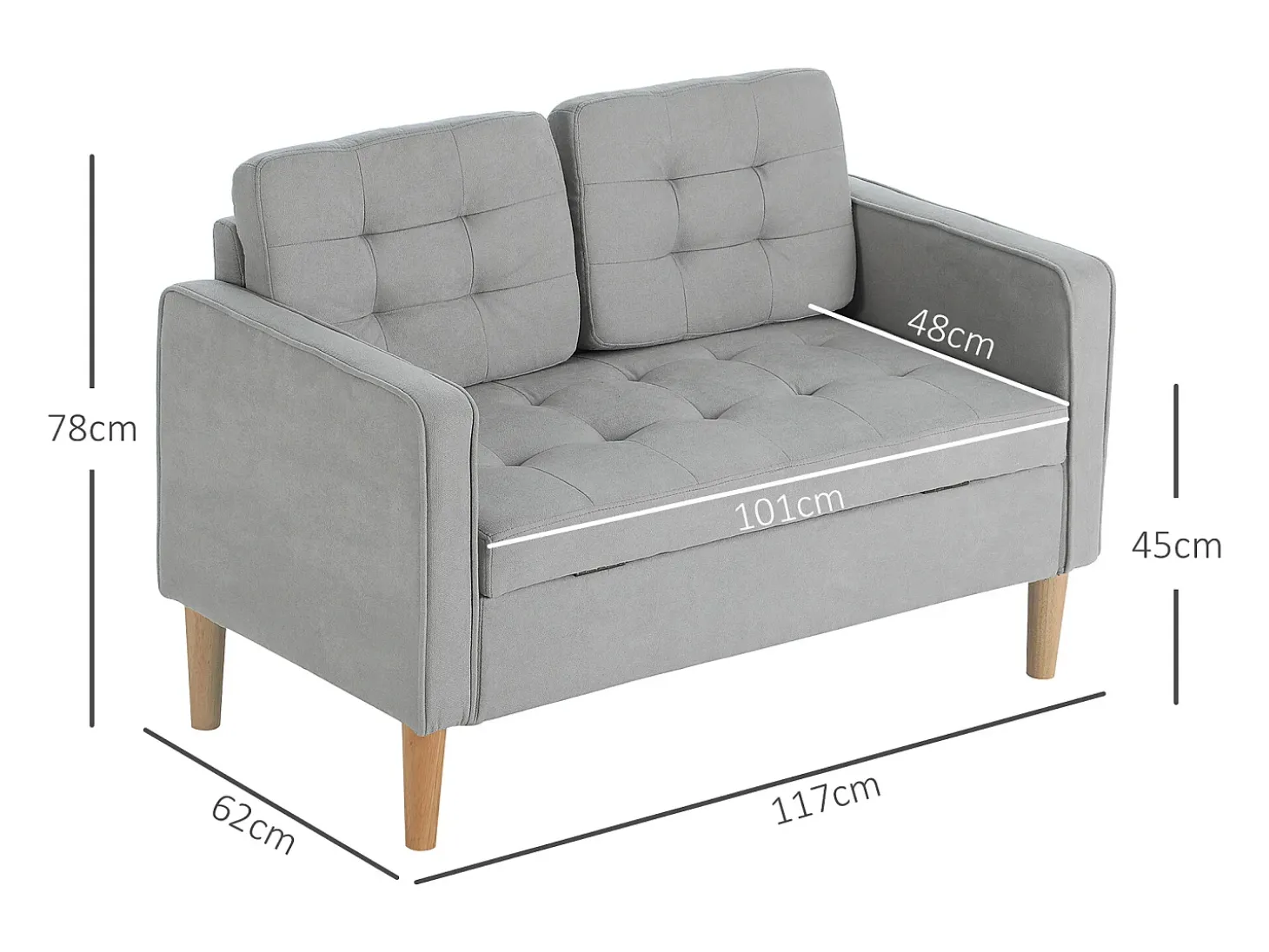 Sofá gris de 2 plazas - Sofá con almacenaje y cojines - para salón y dormitorio