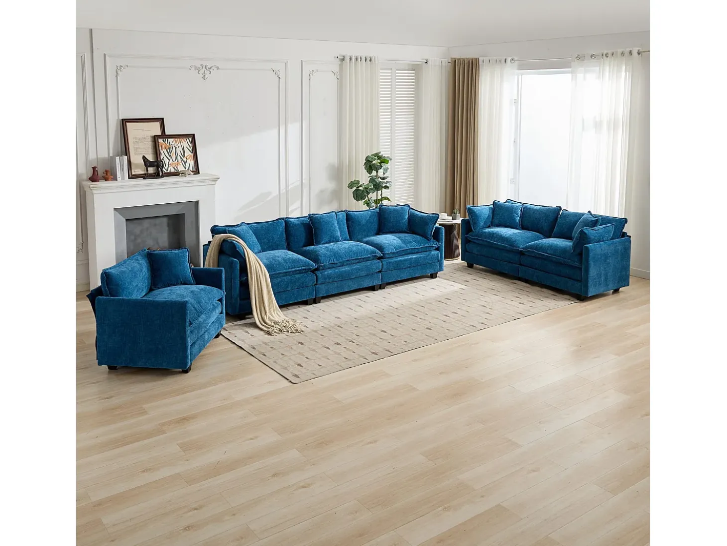 Sofá individual Cloud en tejido chenilla azul - Para salón, dormitorio y apartamento