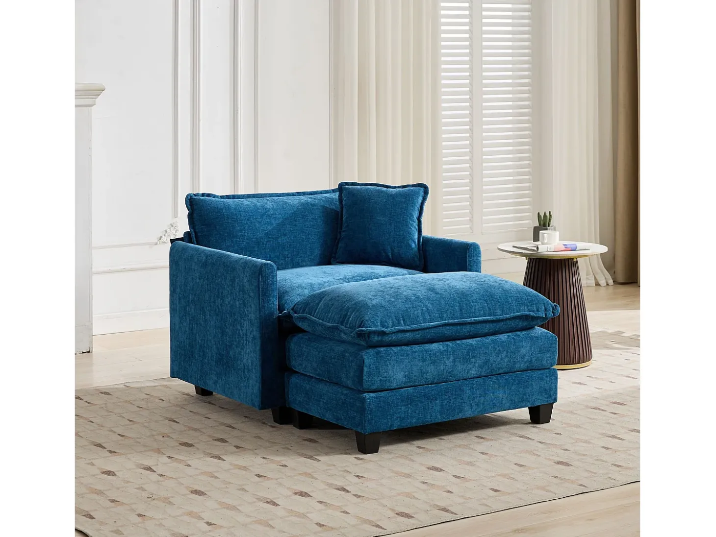 Sofá individual Cloud en tejido chenilla azul - Para salón, dormitorio y apartamento