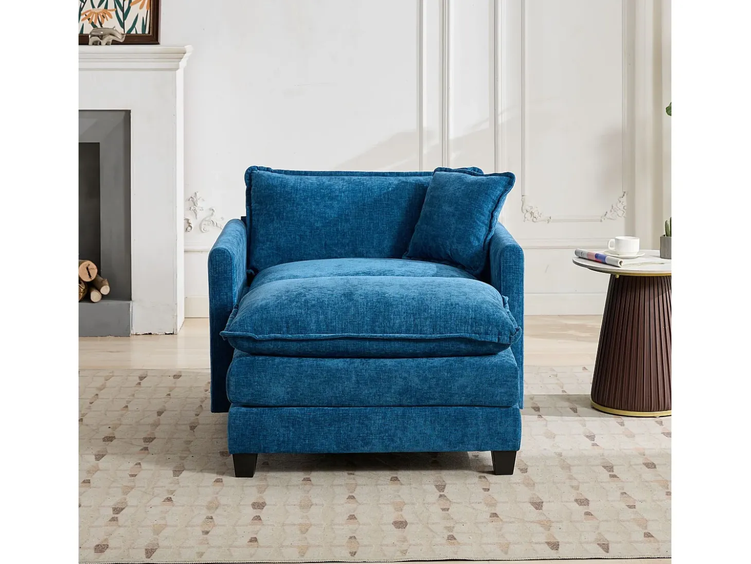 Sofá individual Cloud en tejido chenilla azul - Para salón, dormitorio y apartamento