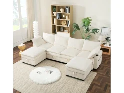 Sofá moderno - 4 plazas - Reposapiés extraíble - Puertos USB - Compartimentos de almacenamiento + Portavasos - Beige