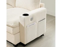 Sofá moderno - 4 plazas - Reposapiés extraíble - Puertos USB - Compartimentos de almacenamiento + Portavasos - Beige