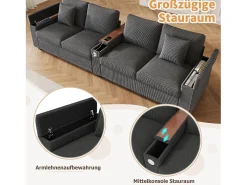 Sofá moderno de 4 plazas - 299 x 80 x 82,7 cm - con puerto USB, reposabrazos abatible y almacenamiento oculto - terciopelo - gris