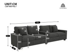 Sofá moderno de 4 plazas - 299 x 80 x 82,7 cm - con puerto USB, reposabrazos abatible y almacenamiento oculto - terciopelo - gris