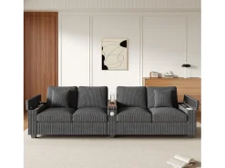 Sofá moderno de 4 plazas - 299 x 80 x 82,7 cm - con puerto USB, reposabrazos abatible y almacenamiento oculto - terciopelo - gris
