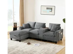 Sofá moderno de 4 plazas con reposapiés con almacenaje, 2 portavasos y puerto USB. Medidas: 229 x 149,5 x 83 cm. Tapizado en terciopelo gris.