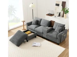 Sofá moderno de 4 plazas con reposapiés con almacenaje, 2 portavasos y puerto USB. Medidas: 229 x 149,5 x 83 cm. Tapizado en terciopelo gris.
