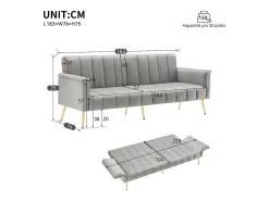 Sofá moderno de terciopelo gris con respaldo y reposabrazos ajustables – para salón, dormitorio o cine en casa