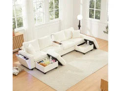 Sofá moderno en forma de U - con USB, Type-C y lámpara de lectura - con luces LED en la puerta - con portavasos y 2 reposapiés - pana acanalada - Beige