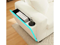 Sofá moderno en forma de U - con USB, Type-C y lámpara de lectura - con luces LED en la puerta - con portavasos y 2 reposapiés - pana acanalada - Beige