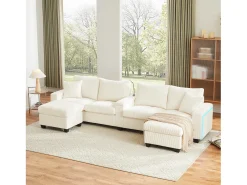 Sofá moderno en forma de U - con USB, Type-C y lámpara de lectura - con luces LED en la puerta - con portavasos y 2 reposapiés - pana acanalada - Beige