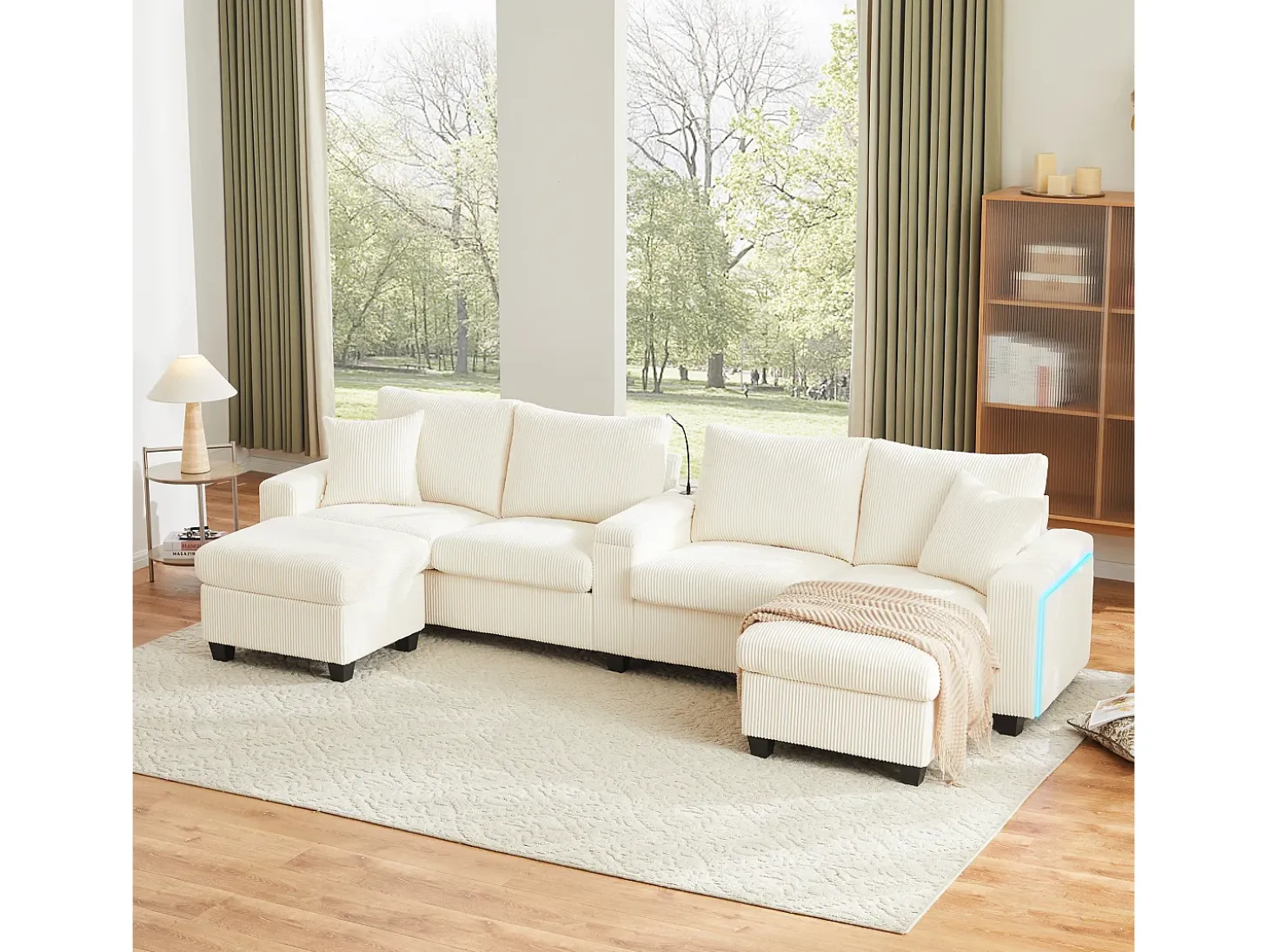 Sofá moderno en forma de U - con USB, Type-C y lámpara de lectura - con luces LED en la puerta - con portavasos y 2 reposapiés - pana acanalada - Beige