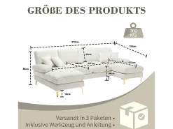 Sofá moderno en forma de U - 272 x 136 x 88 cm - con 2 asientos reclinables para salón dormitorio - Chenilla - beige